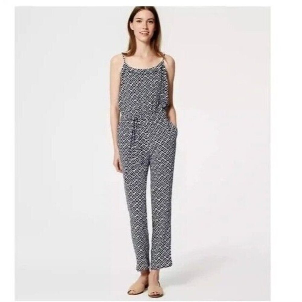 LOFT Jumpsuit S Navy Blue Geo Print Straight Leg Strappy